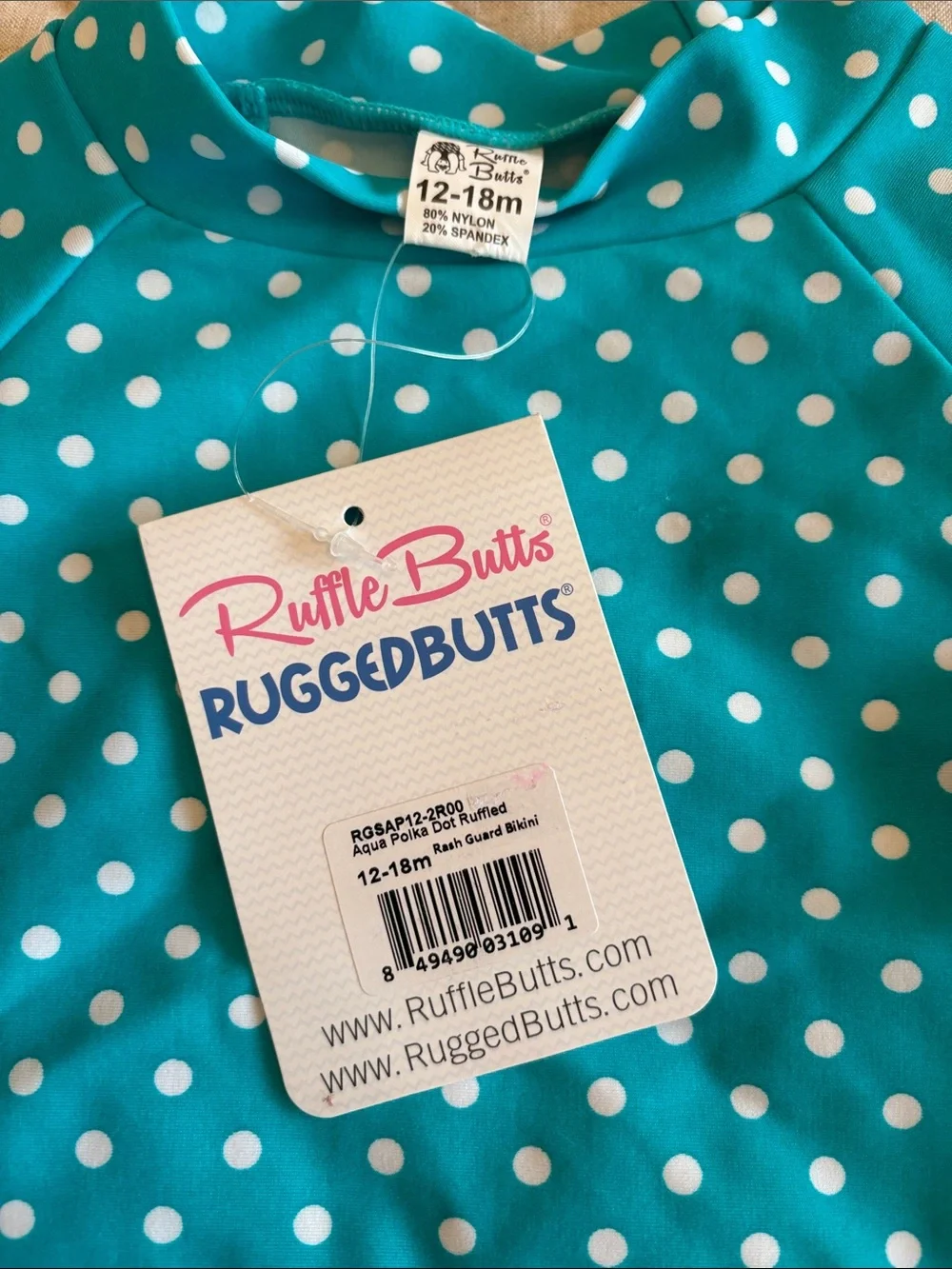 Ruffle Butts Teal and White Polka Dot Girls Rashguard Swim Set